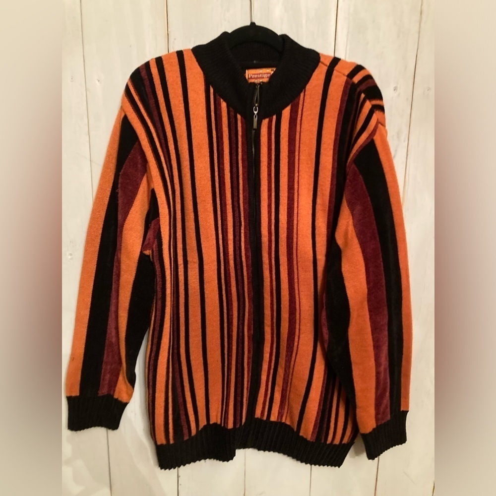 Vintage Royal Prestige Mens XL Full Zip Sweater Festival Orange & Black Stripe‎